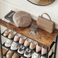 Rustic Brown Shoe Storage Rack with Fabric Shelves FredCo