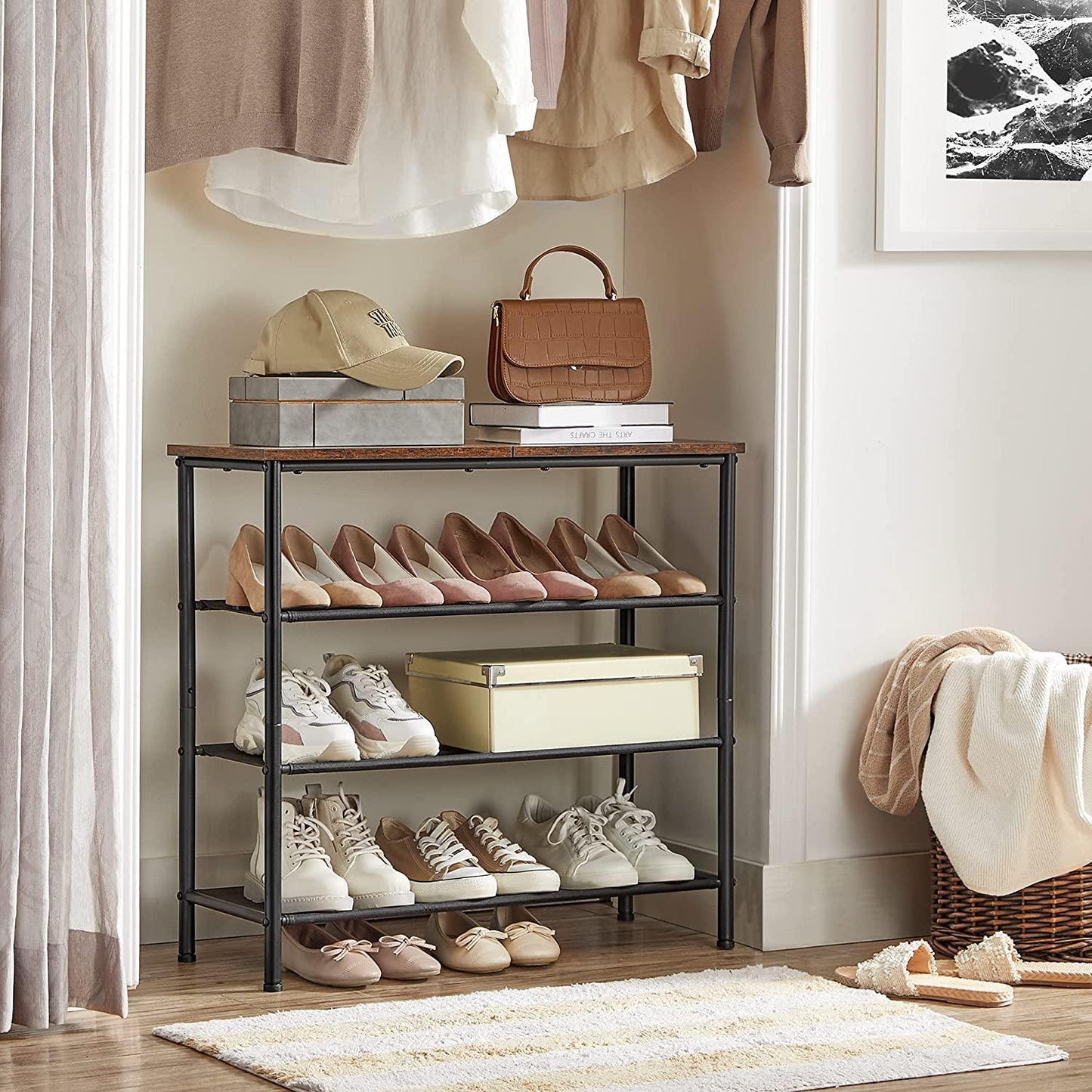 Rustic Brown Shoe Storage Rack with Fabric Shelves FredCo