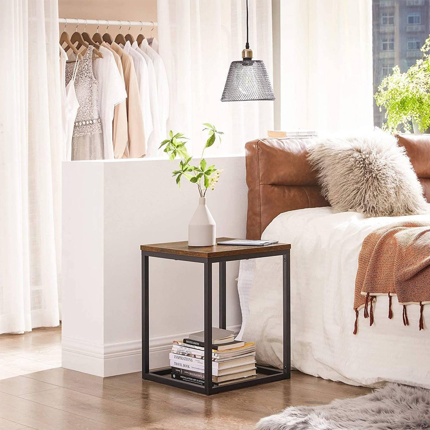 Rustic Brown Small Square End Table with Metal Frame FredCo