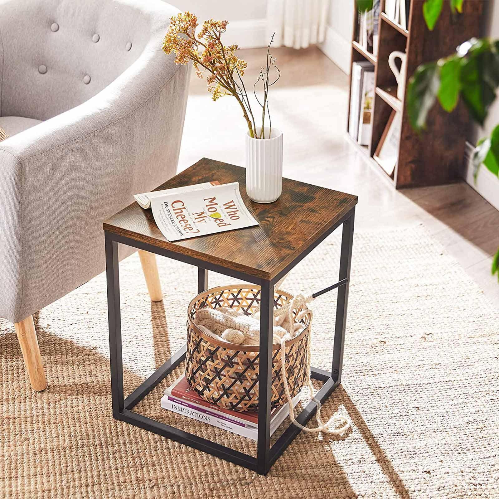 Rustic Brown Small Square End Table with Metal Frame FredCo