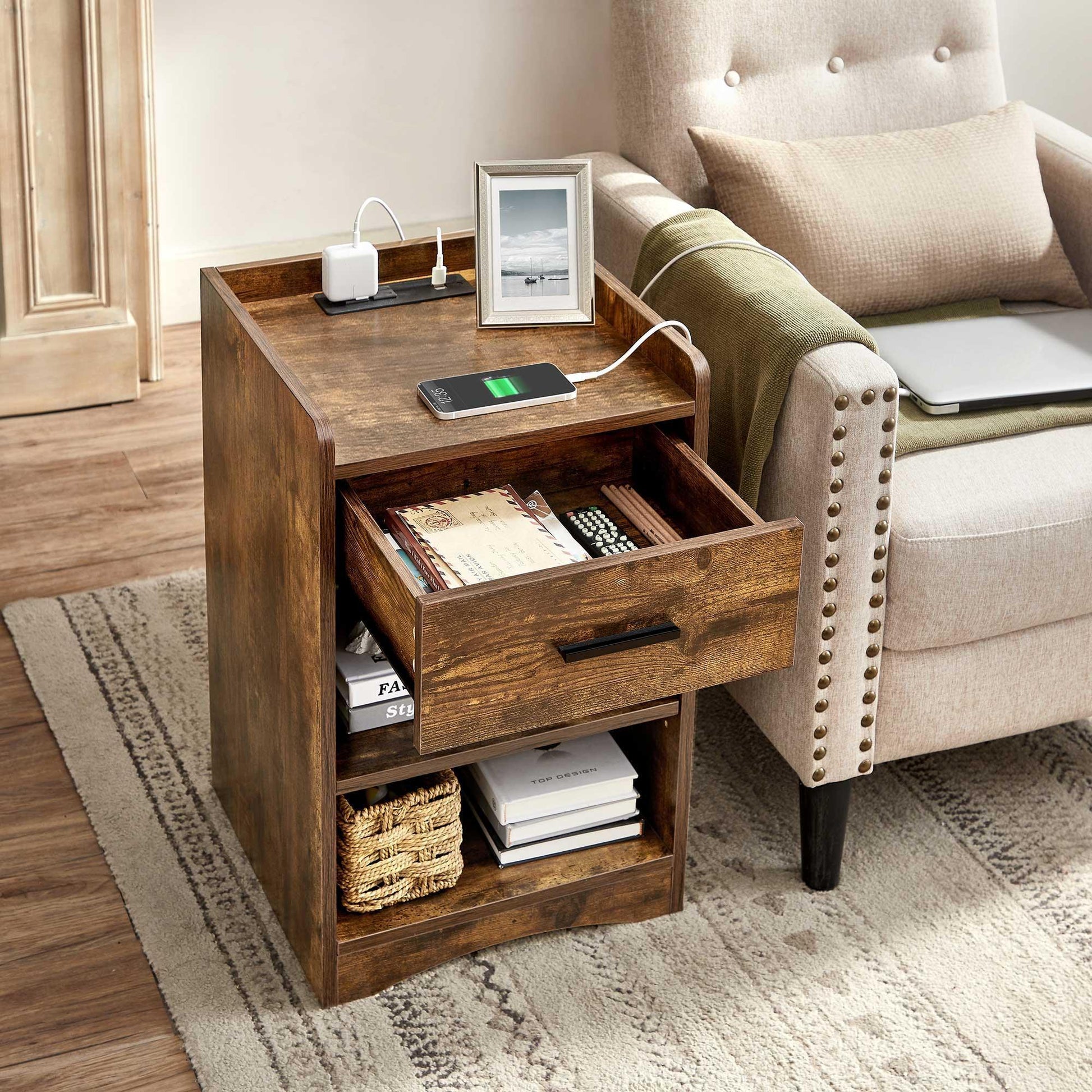 Rustic Brown Wooden Side Table with Drawer FredCo