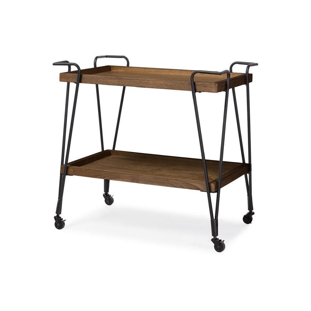 Rustic Industrial Style Antique Black Textured Finish Metal Distressed Ash Wood Mobile Serving Bar Cart FredCo