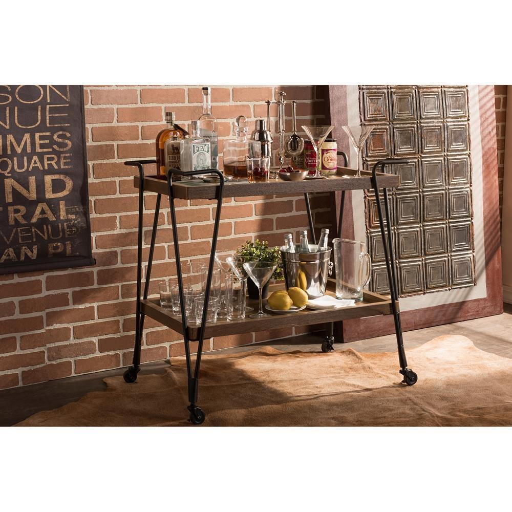 Rustic Industrial Style Antique Black Textured Finish Metal Distressed Ash Wood Mobile Serving Bar Cart FredCo
