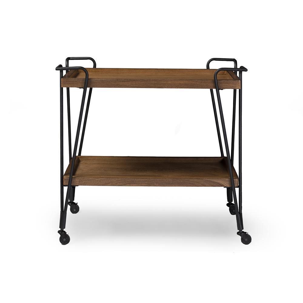 Rustic Industrial Style Antique Black Textured Finish Metal Distressed Ash Wood Mobile Serving Bar Cart FredCo
