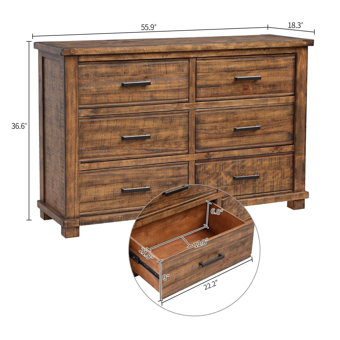 Rustic Reclaimed Solid Wood Framhouse 6 Drawers Wider Dresser WF197199AAD FredCo