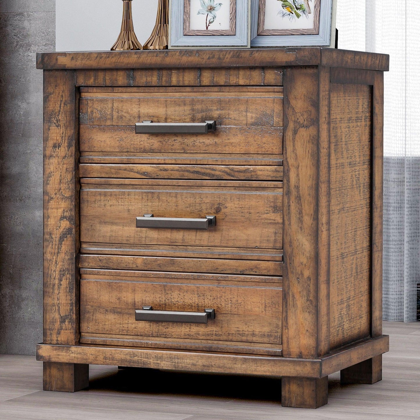 Rustic Three Drawer Reclaimed Solid Wood Framhouse Nightstand WF197196AAD FredCo