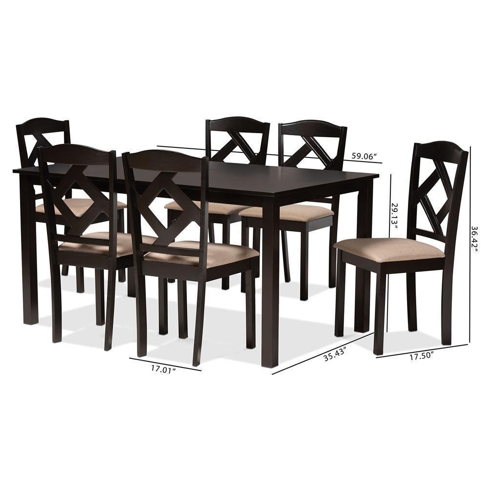 Ruth Sand Fabric Upholstered and Dark Brown Finished Wood 7-Piece Dining Set FredCo