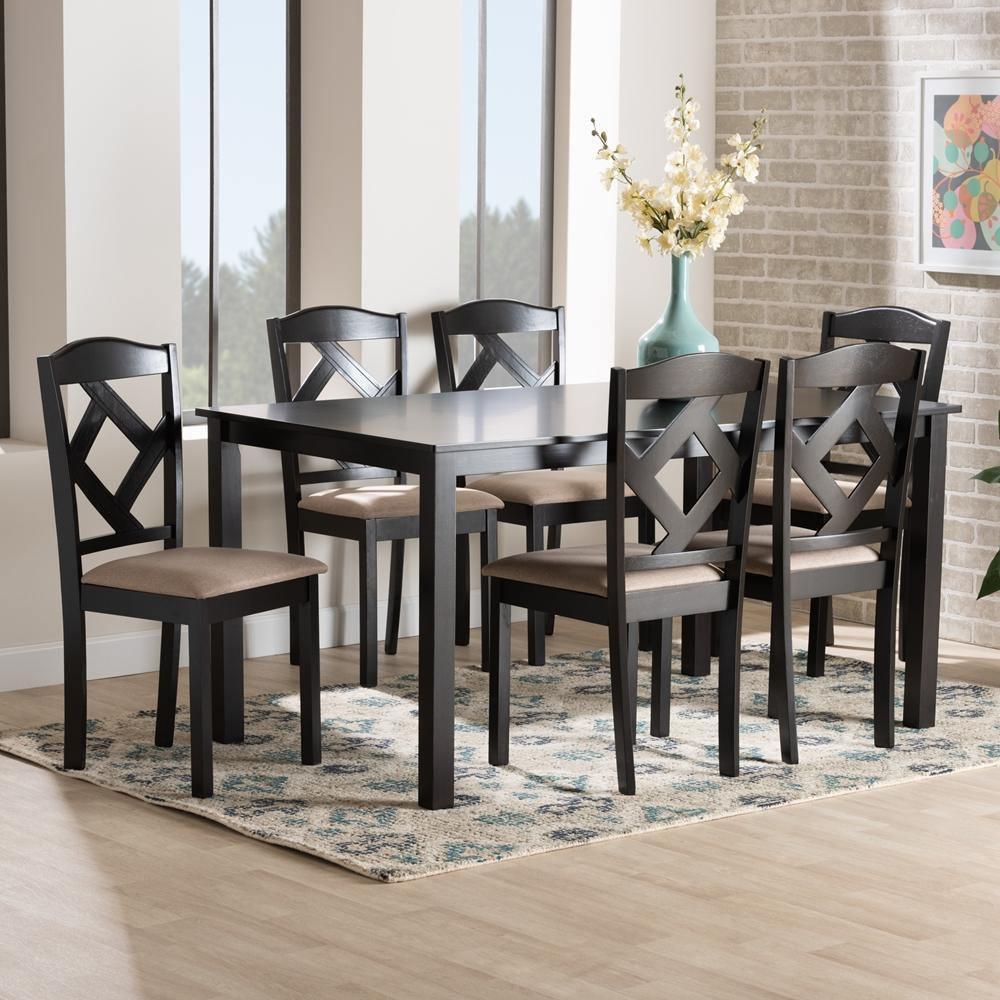 Ruth Sand Fabric Upholstered and Dark Brown Finished Wood 7-Piece Dining Set FredCo