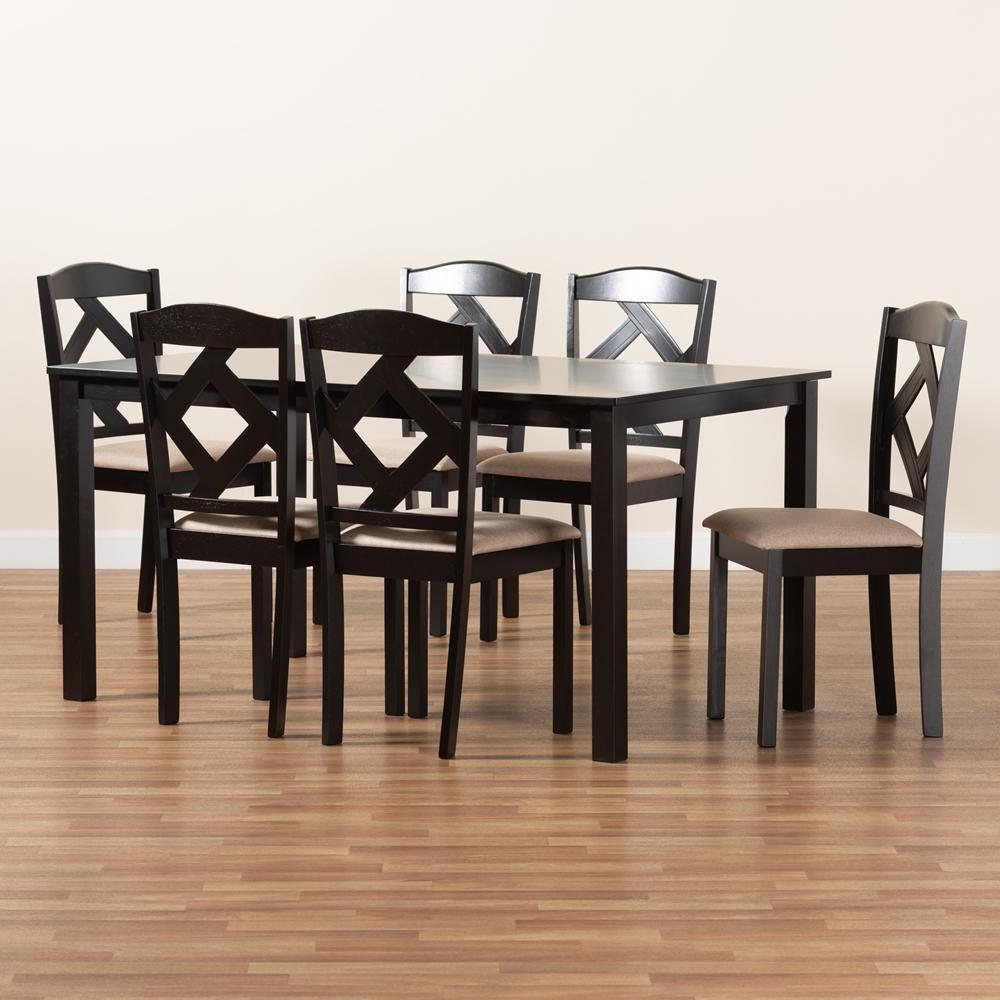 Ruth Sand Fabric Upholstered and Dark Brown Finished Wood 7-Piece Dining Set FredCo