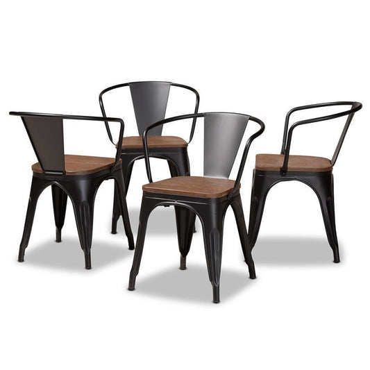Ryland Modern Industrial Black Metal and Walnut Brown Finished Wood 4-Piece Dining Chair Set FredCo