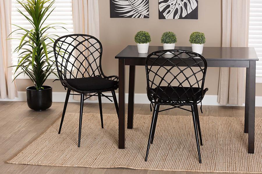Sabelle Modern Bohemian Black Finished Rattan and Metal Dining Chair FredCo