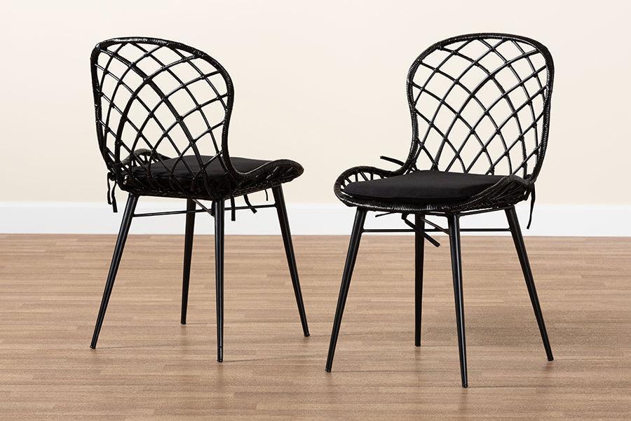 Sabelle Modern Bohemian Black Finished Rattan and Metal Dining Chair FredCo