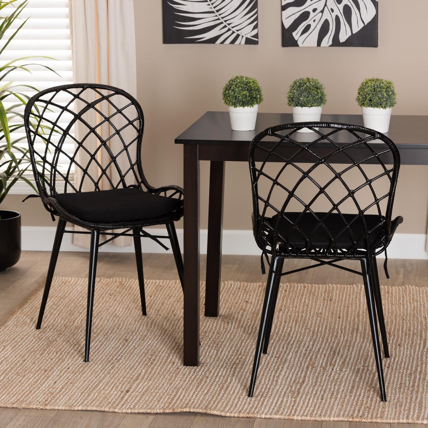 Sabelle Modern Bohemian Black Finished Rattan and Metal Dining Chair FredCo