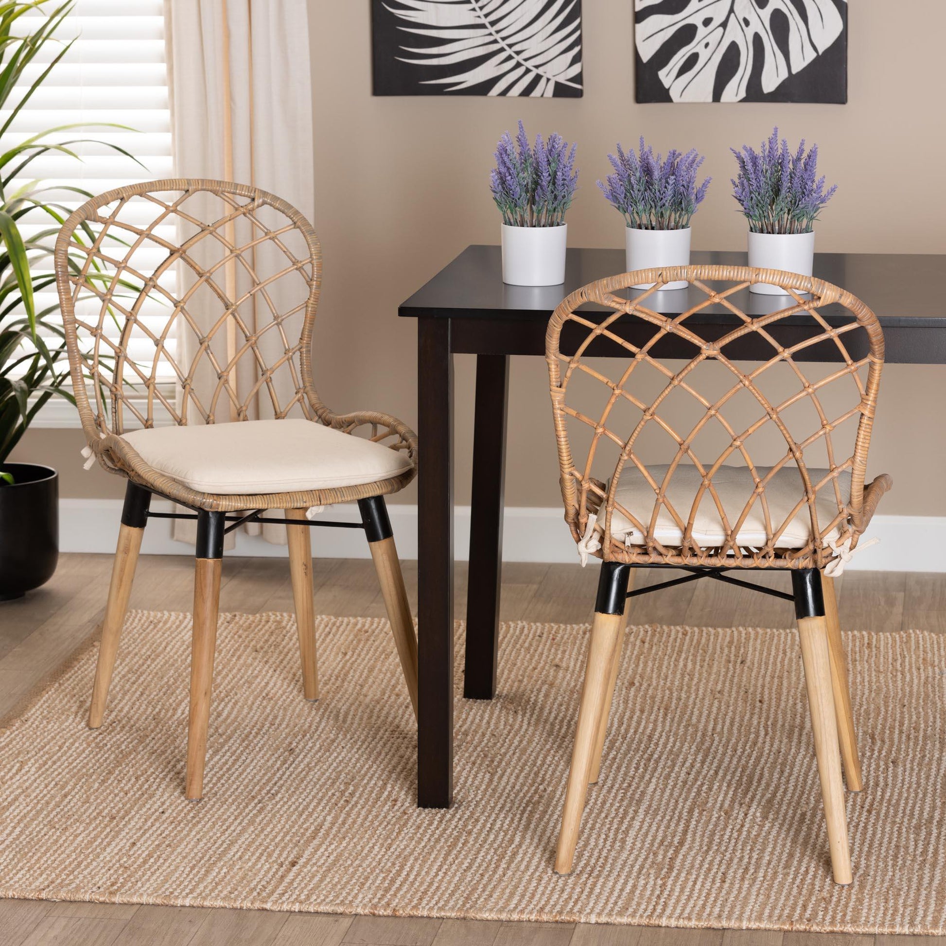 Sabelle Modern Bohemian Natural Brown Finished Teak Wood and Greywashed Rattan Dining Chair FredCo