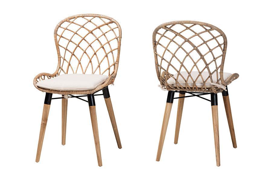 Sabelle Modern Bohemian Natural Brown Finished Teak Wood and Greywashed Rattan Dining Chair FredCo