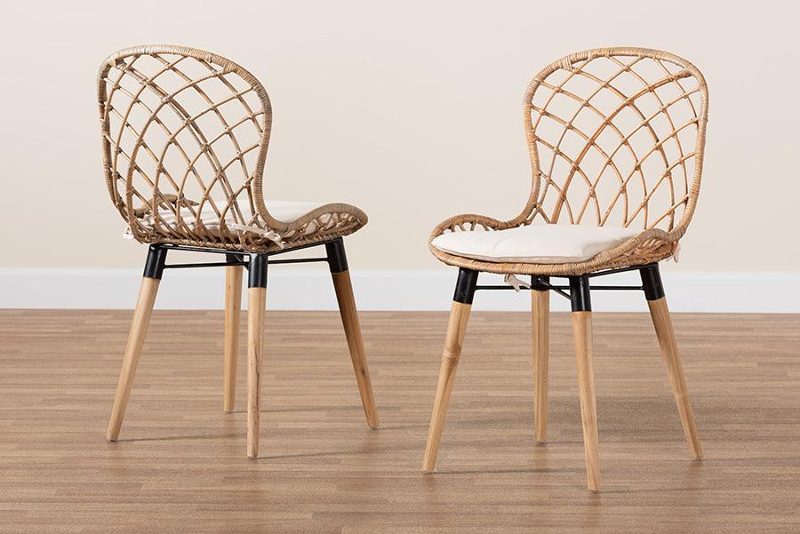 Sabelle Modern Bohemian Natural Brown Finished Teak Wood and Greywashed Rattan Dining Chair FredCo