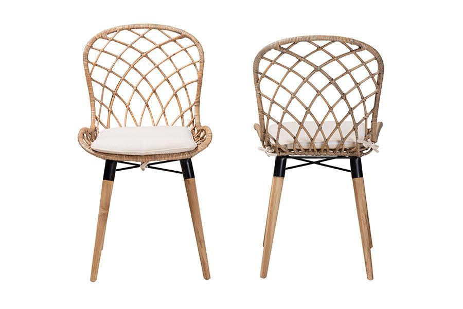 Sabelle Modern Bohemian Natural Brown Finished Teak Wood and Greywashed Rattan Dining Chair FredCo
