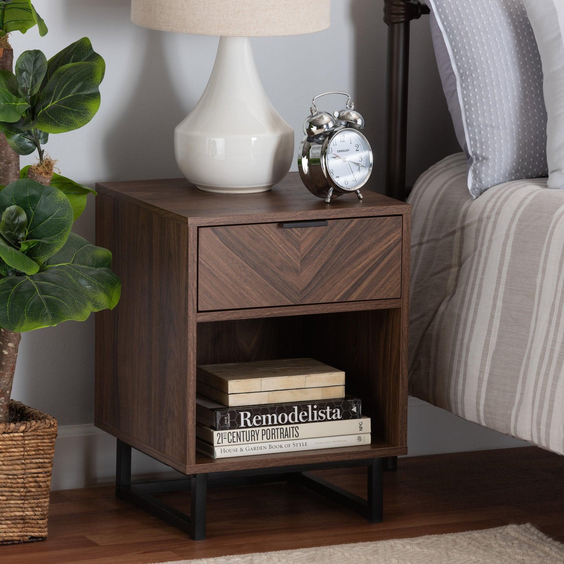 Sadia Modern Walnut Brown Finished Wood and Black Metal 1-Drawer End Table FredCo