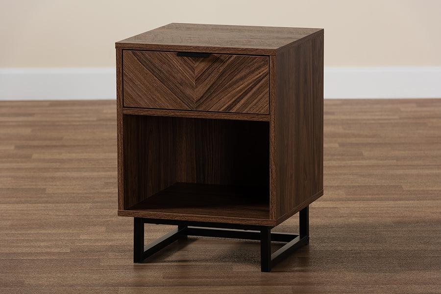 Sadia Modern Walnut Brown Finished Wood and Black Metal 1-Drawer End Table FredCo