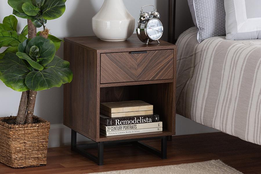 Sadia Modern Walnut Brown Finished Wood and Black Metal 1-Drawer End Table FredCo
