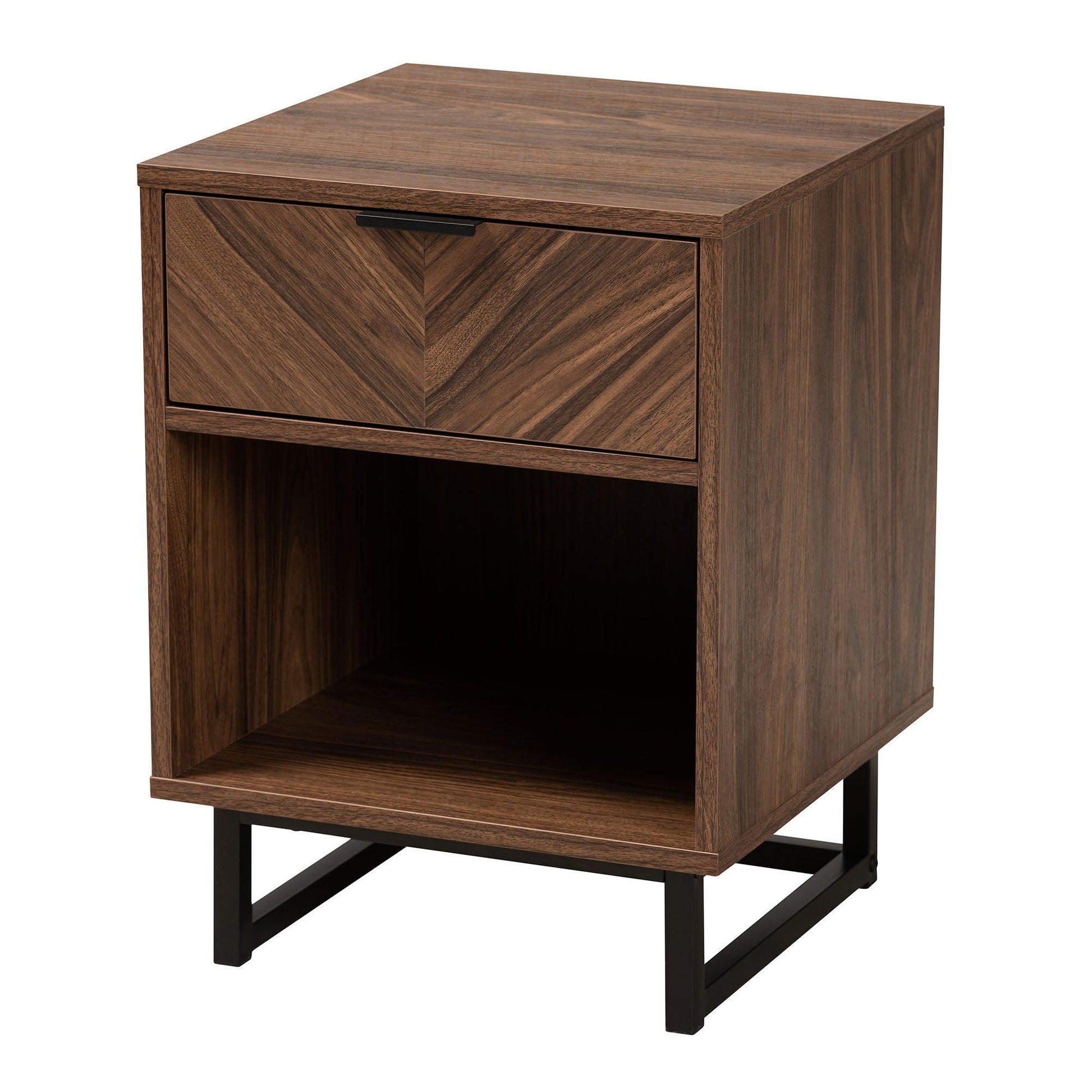 Sadia Modern Walnut Brown Finished Wood and Black Metal 1-Drawer End Table FredCo