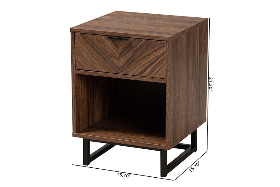 Sadia Modern Walnut Brown Finished Wood and Black Metal 1-Drawer End Table FredCo