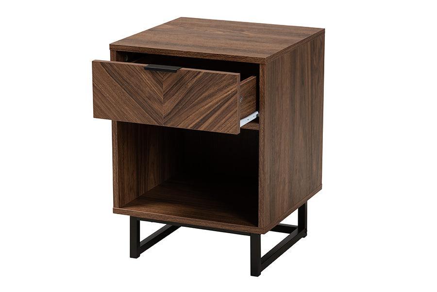 Sadia Modern Walnut Brown Finished Wood and Black Metal 1-Drawer End Table FredCo