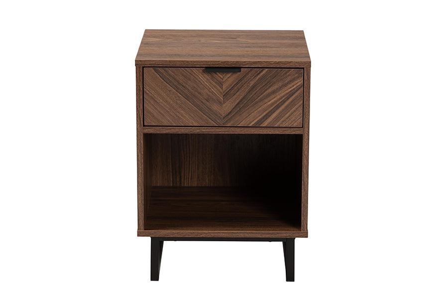 Sadia Modern Walnut Brown Finished Wood and Black Metal 1-Drawer End Table FredCo
