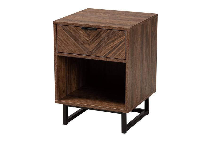 Sadia Modern Walnut Brown Finished Wood and Black Metal 1-Drawer End Table FredCo