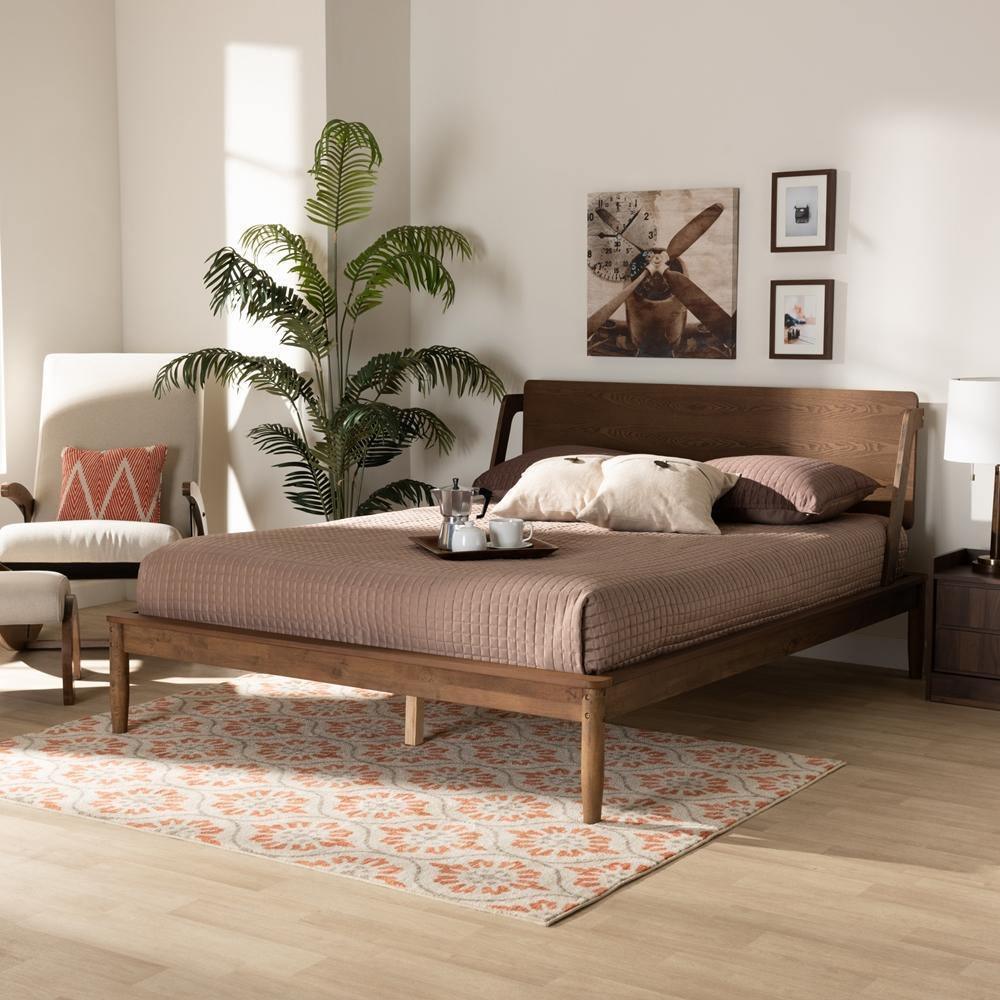 Sadler Mid-Century Modern Ash Walnut Brown Finished Wood Full Size Platform Bed FredCo