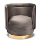 Saffi Glam and Luxe Grey Velvet Fabric Upholstered Gold Finished Swivel Accent Chair FredCo