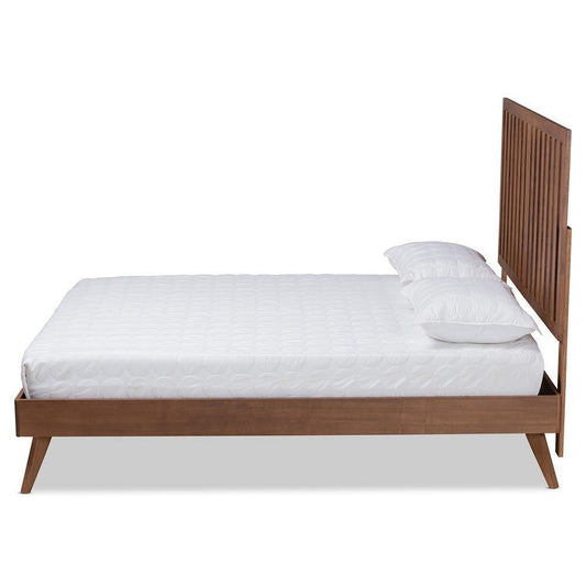 Saki Mid-Century Modern Walnut Brown Finished Wood Queen Size Platform Bed FredCo