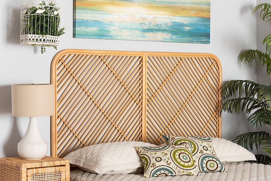 Sakina Modern Bohemian Natural Brown Rattan Queen Size Wall-mount Headboard FredCo