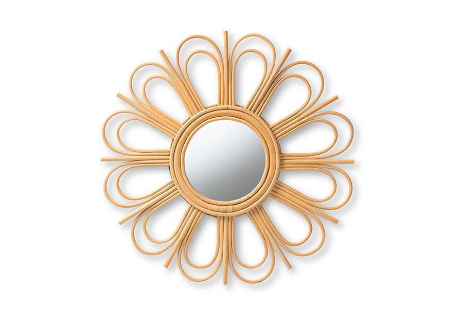 Sakura Modern Bohemian Natural Brown Rattan Accent Wall Mirror FredCo
