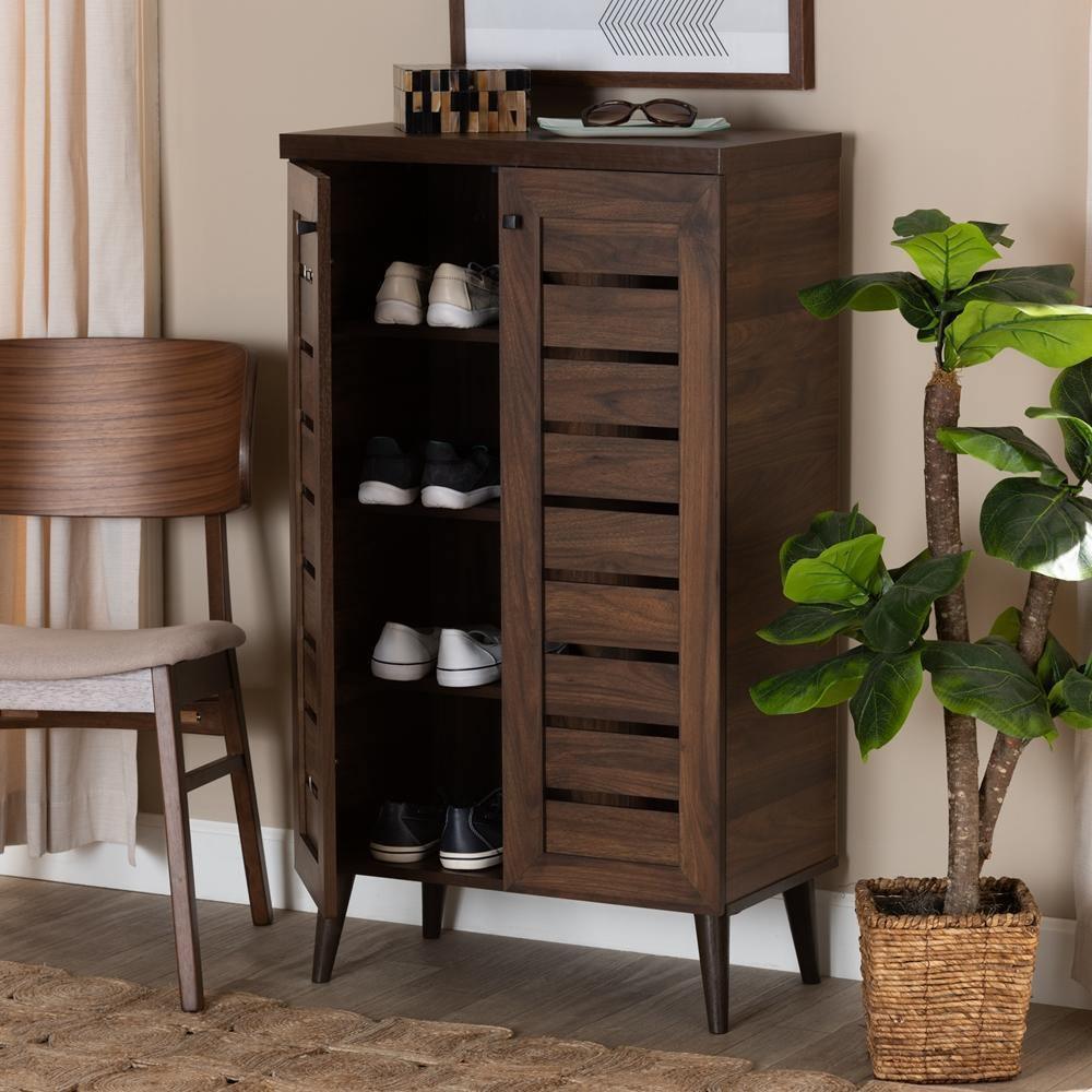 Salma Modern and Contemporary Walnut Brown Finished Wood 2-Door Shoe Storage Cabinet FredCo