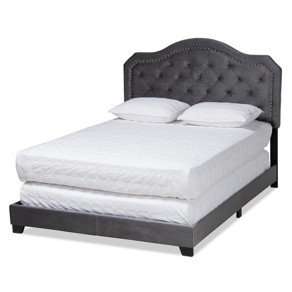 Samantha Modern and Contemporary Grey Velvet Fabric Upholstered Queen Size Button Tufted Bed FredCo