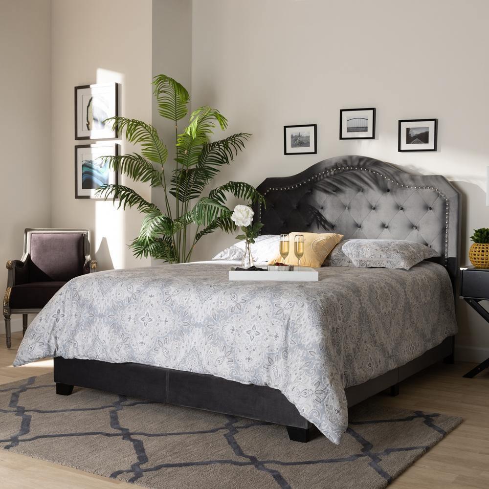 Samantha Modern and Contemporary Grey Velvet Fabric Upholstered Queen Size Button Tufted Bed FredCo