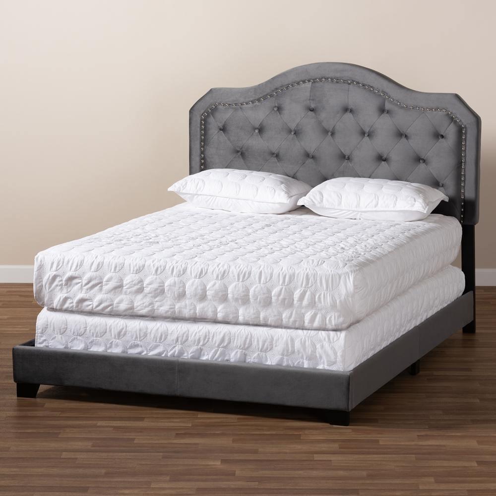 Samantha Modern and Contemporary Grey Velvet Fabric Upholstered Queen Size Button Tufted Bed FredCo