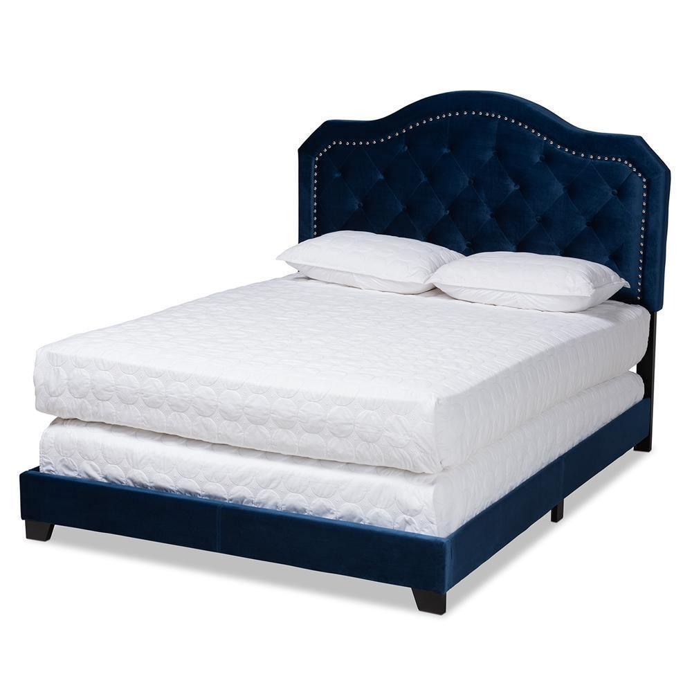 Samantha Modern and Contemporary Navy Blue Velvet Fabric Upholstered Queen Size Button Tufted Bed FredCo