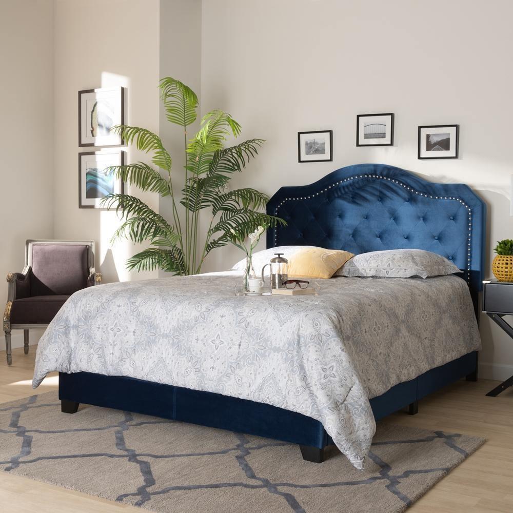 Samantha Modern and Contemporary Navy Blue Velvet Fabric Upholstered Queen Size Button Tufted Bed FredCo