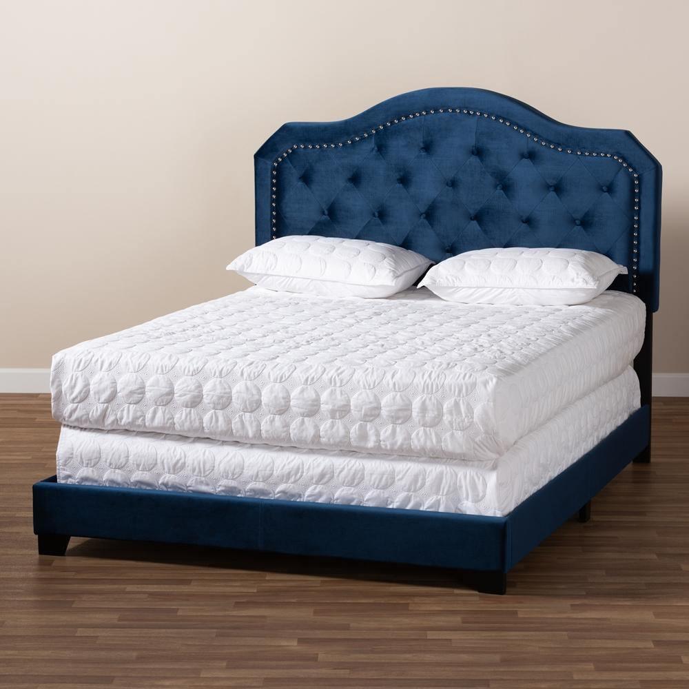 Samantha Modern and Contemporary Navy Blue Velvet Fabric Upholstered Queen Size Button Tufted Bed FredCo