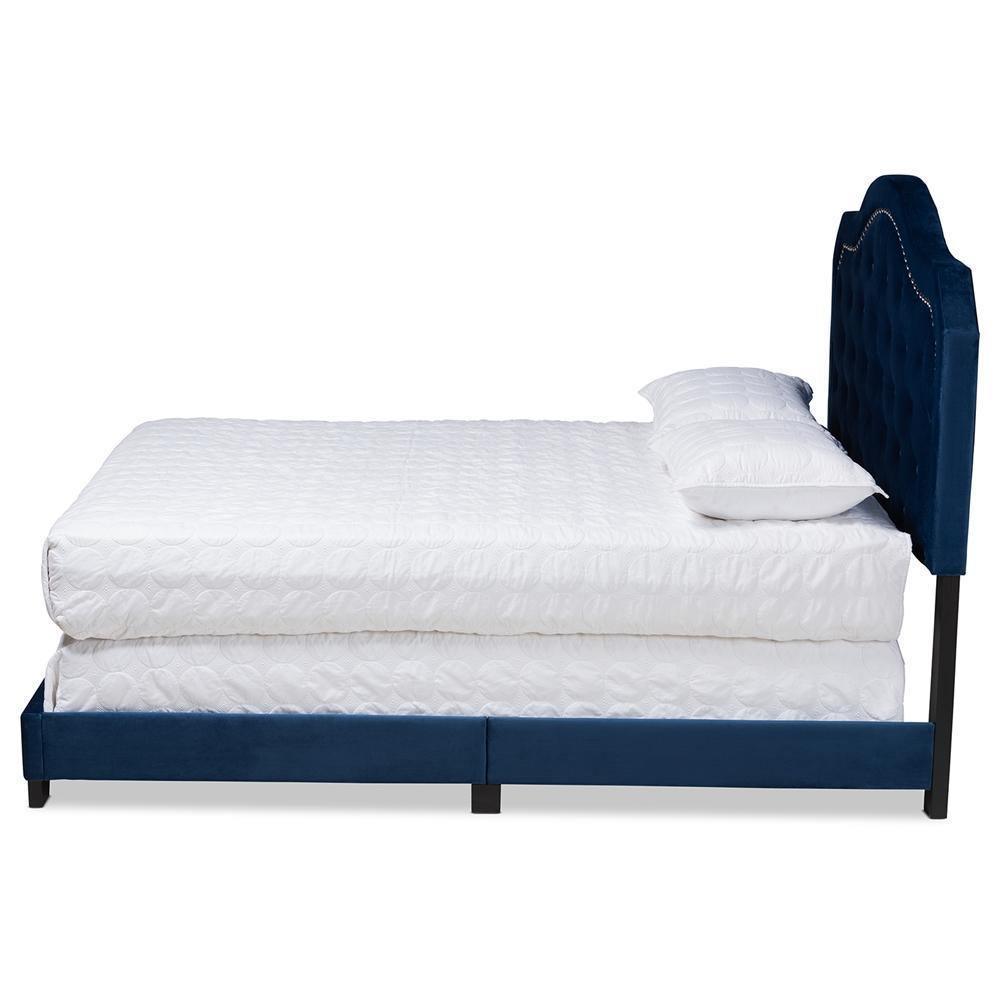 Samantha Modern and Contemporary Navy Blue Velvet Fabric Upholstered Queen Size Button Tufted Bed FredCo