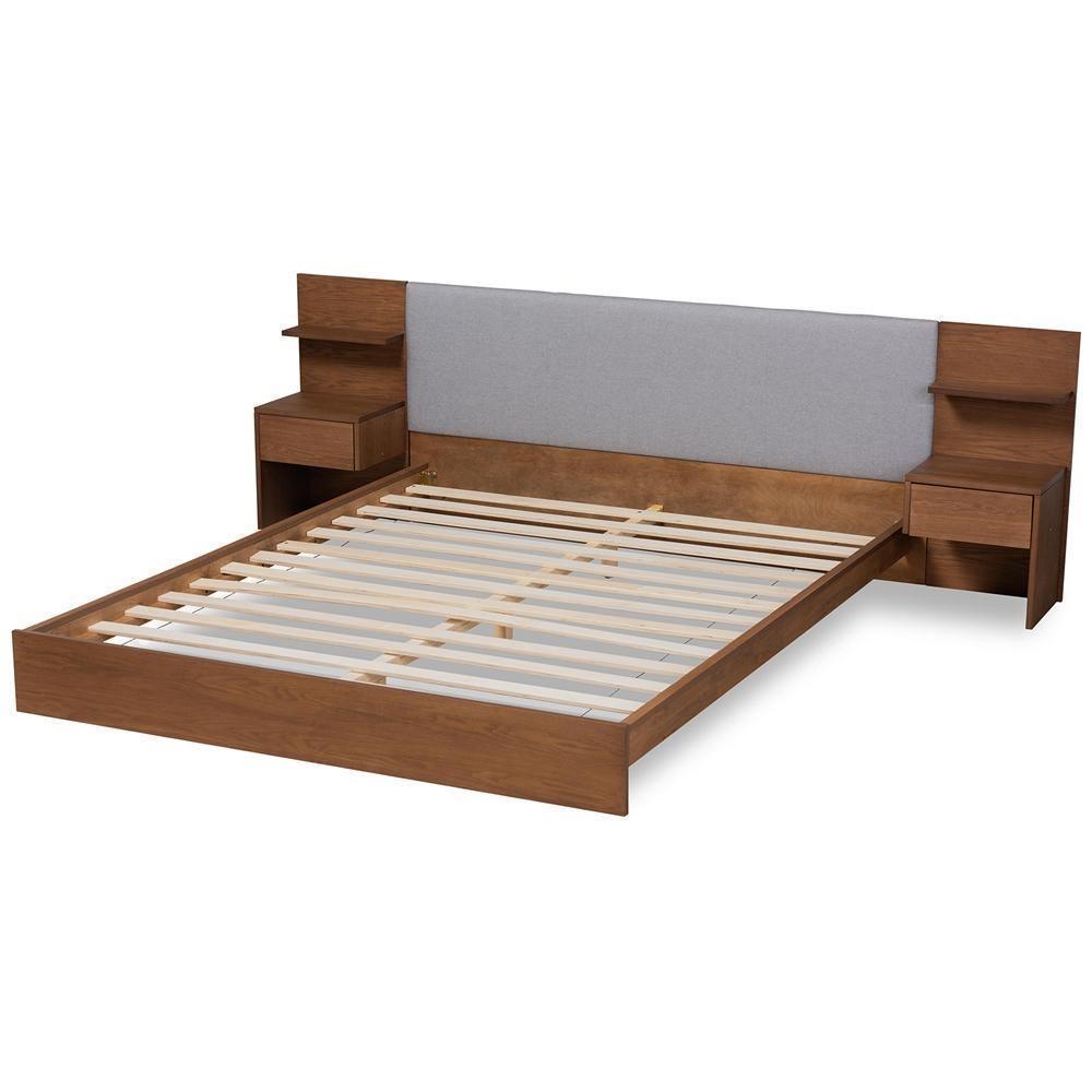 Sami Modern Grey Fabric and Walnut Brown Finished Wood Queen Size Platform Storage Bed with Built-In Nightstands FredCo