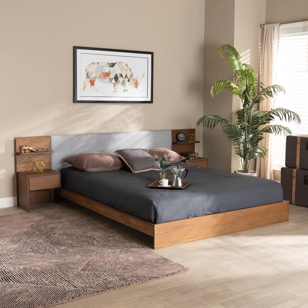 Sami Modern Grey Fabric and Walnut Brown Finished Wood Queen Size Platform Storage Bed with Built-In Nightstands FredCo