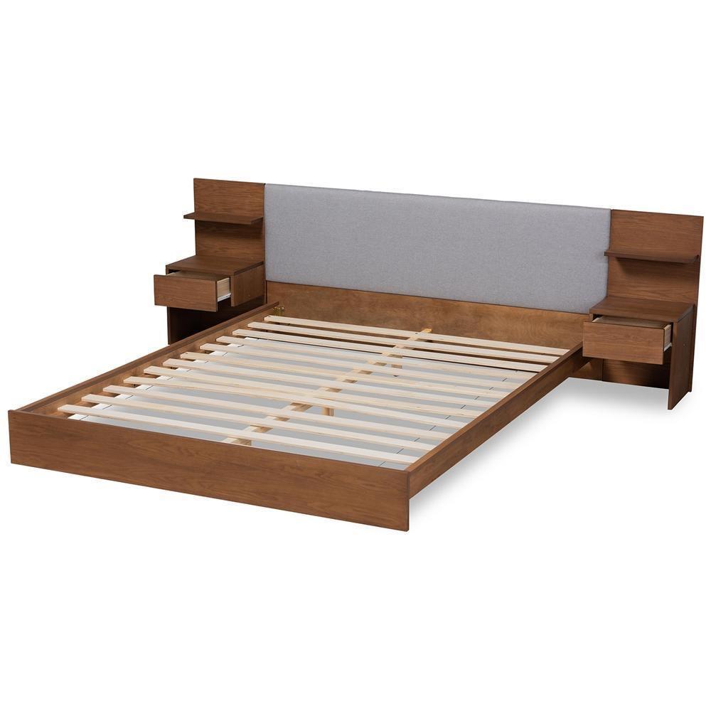 Sami Modern Grey Fabric and Walnut Brown Finished Wood Queen Size Platform Storage Bed with Built-In Nightstands FredCo