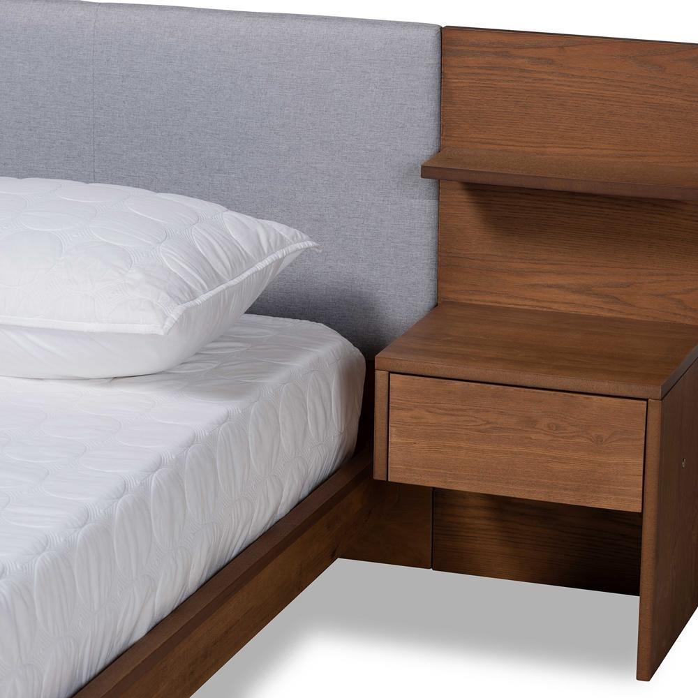 Sami Modern Grey Fabric and Walnut Brown Finished Wood Queen Size Platform Storage Bed with Built-In Nightstands FredCo