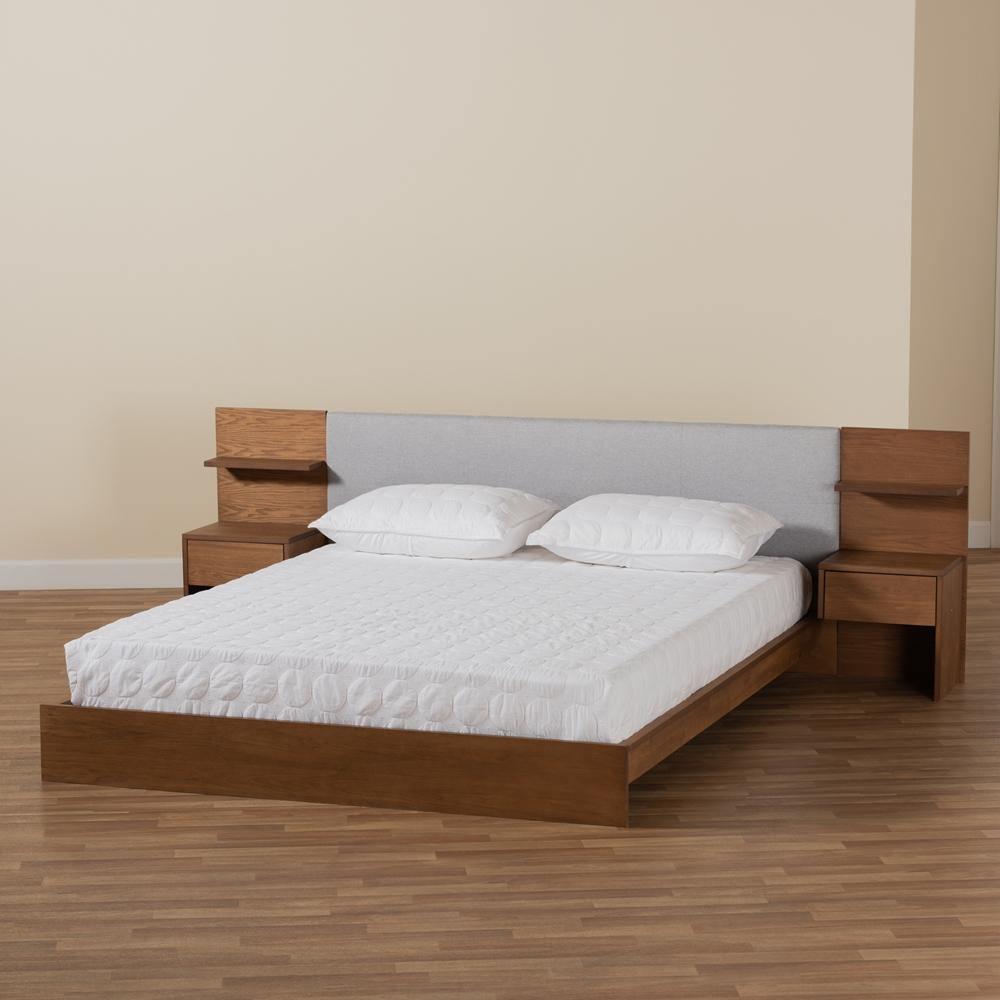 Sami Modern Grey Fabric and Walnut Brown Finished Wood Queen Size Platform Storage Bed with Built-In Nightstands FredCo