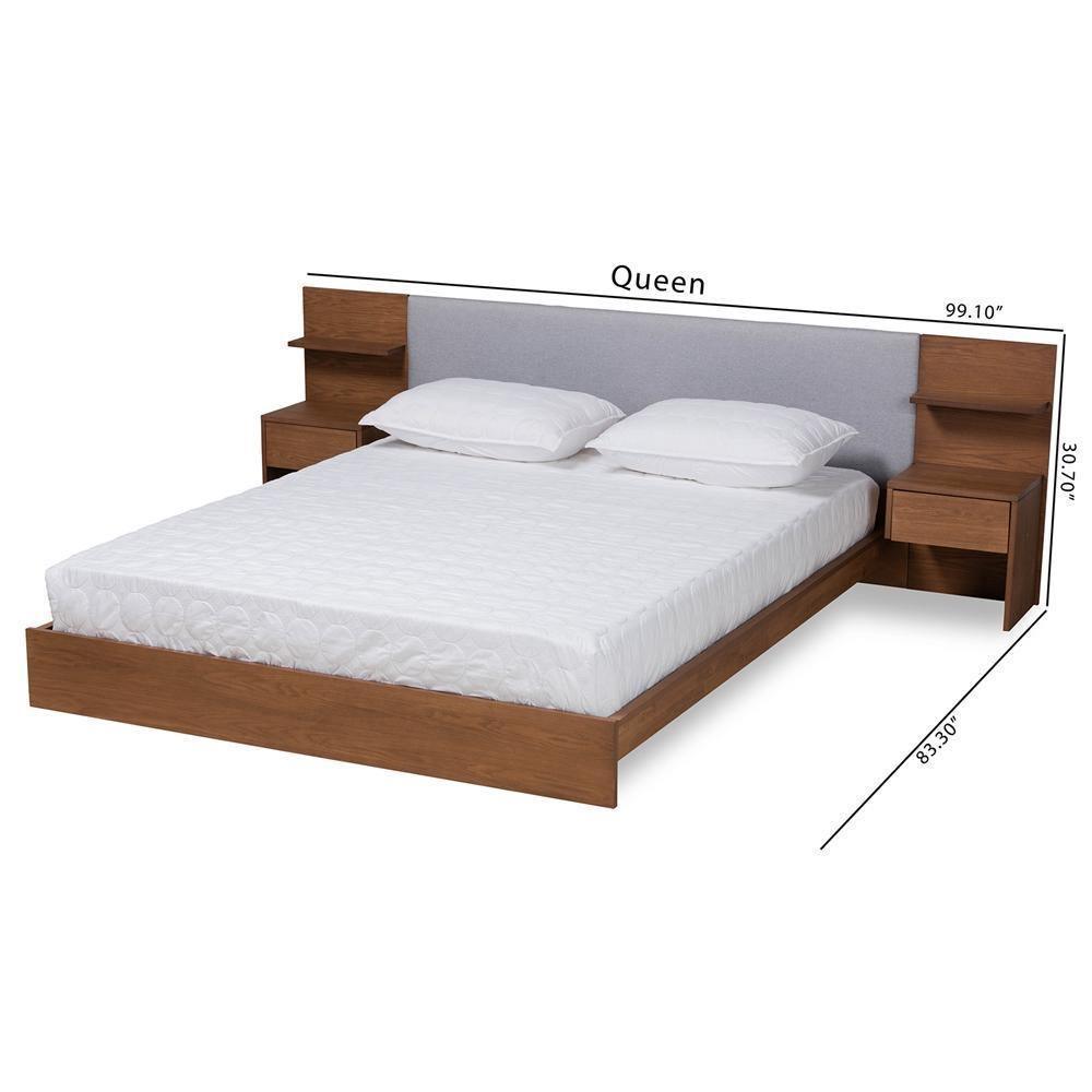 Sami Modern Grey Fabric and Walnut Brown Finished Wood Queen Size Platform Storage Bed with Built-In Nightstands FredCo