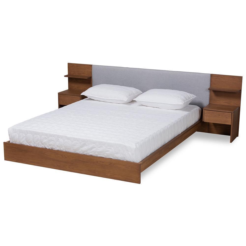 Sami Modern Grey Fabric and Walnut Brown Finished Wood Queen Size Platform Storage Bed with Built-In Nightstands FredCo