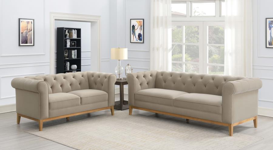 Sandrine 2-piece Button Tufted Tuxedo Arms Living Room Set Camel 509741-S2 Coaster FredCo